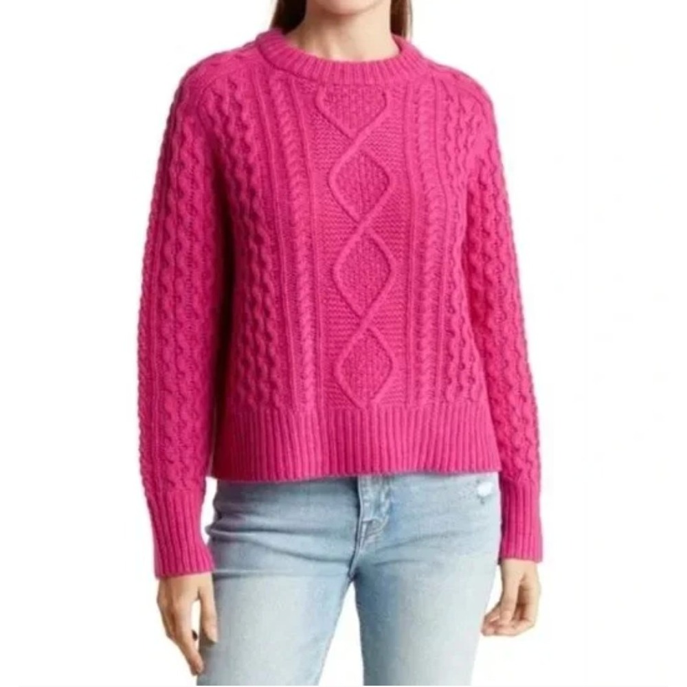 360‎ Cashmere NWT Anna Sweater Cable Knit Chunky Wool Blend Magenta Pink Sz Sml